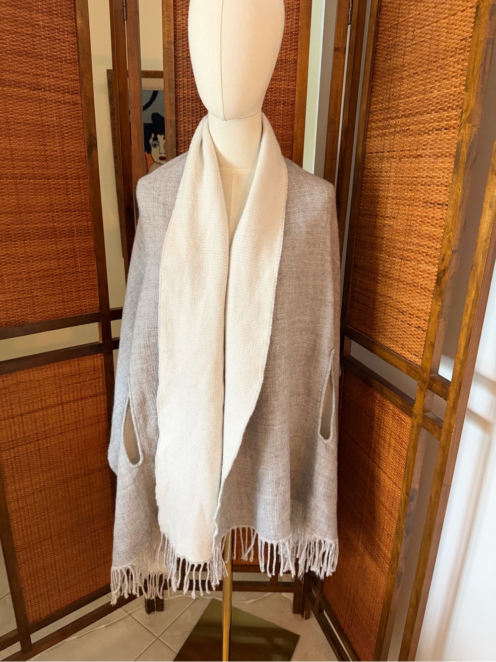 J Crew Reversible Cream and Light Gray wool blend Wrap Shawl